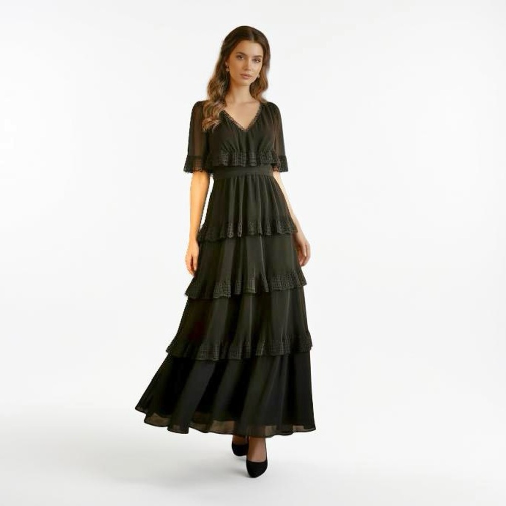 Vintage Miss Elliette California Black Pleated Tiered Ruffle Maxi Gown Dress